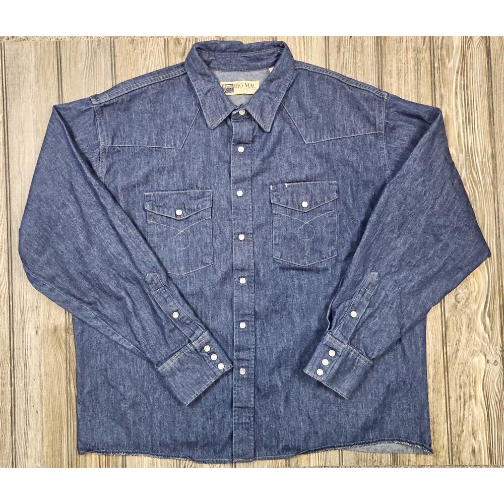Big Mac Denim Shirt Mens XL Tall Blue Western Pearl Snap Long Sleeve Workwear